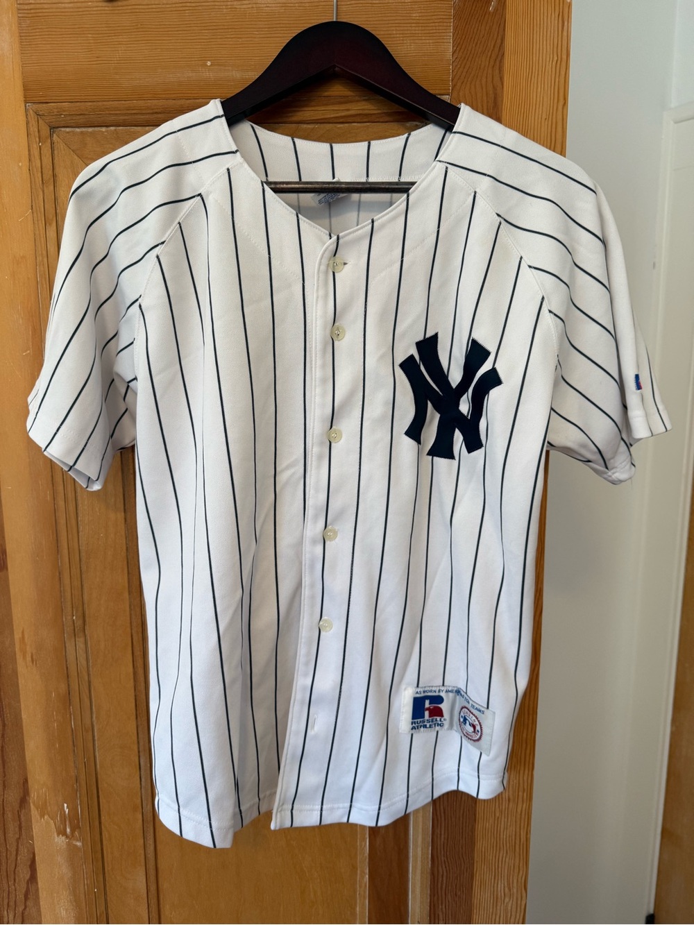 Russell Athletic Kids White Pinstripe NY Yankees Jersey with Navy Logo Embroider